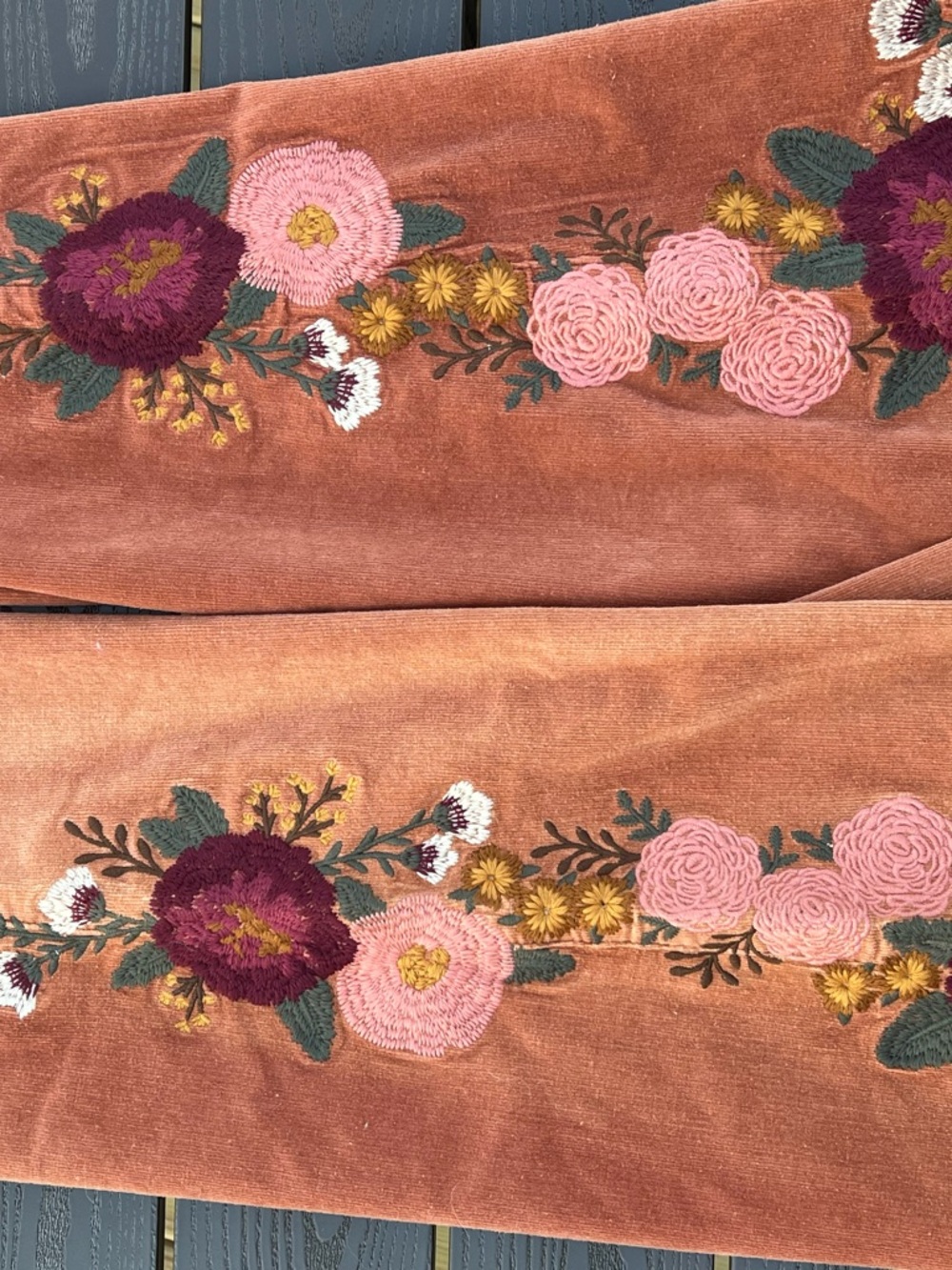 Rust Corduroy Boot-Cut Pants with Floral Embroidery - Picture 8 of 12
